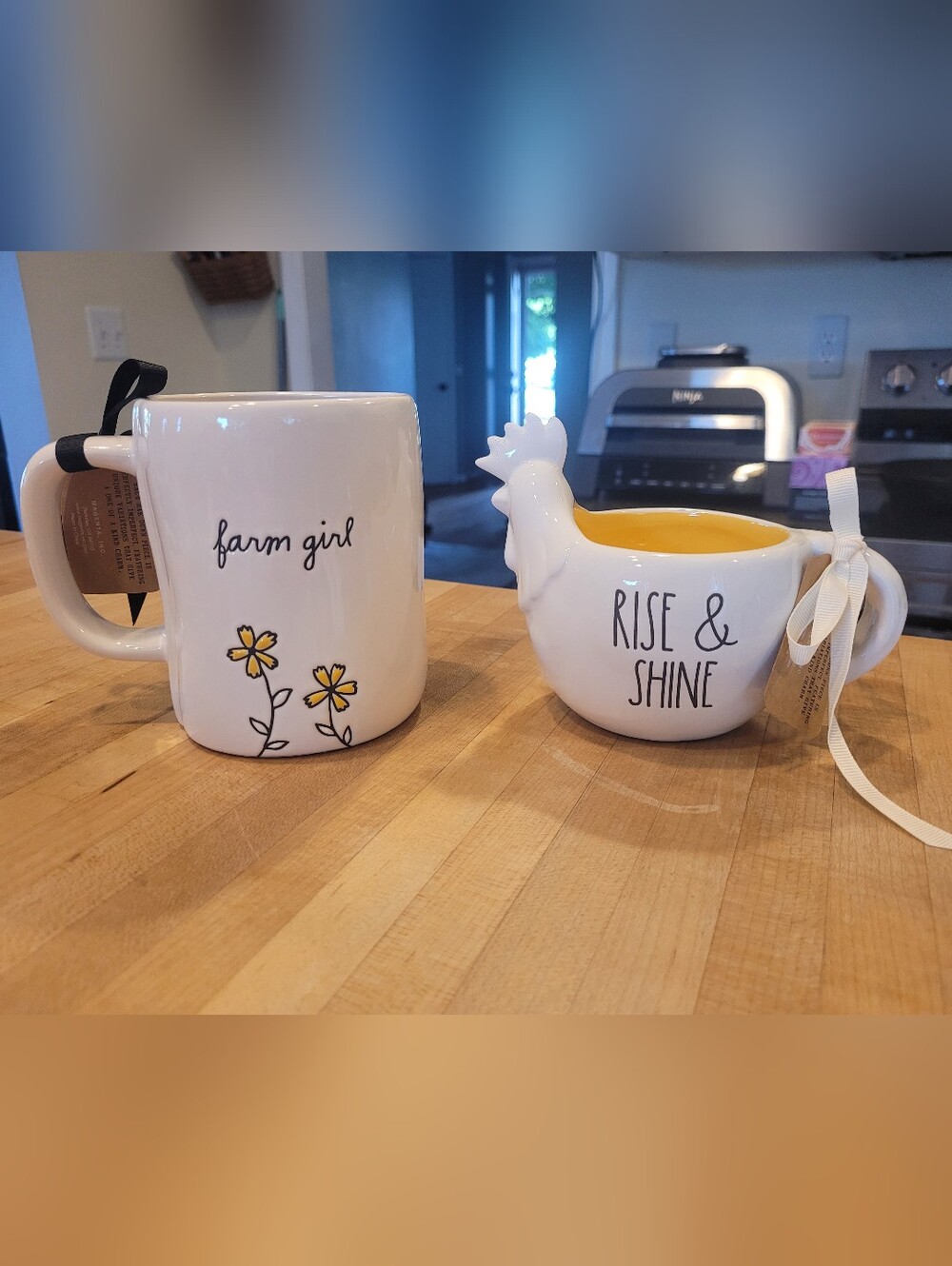 NEW Rae Dunn Farm Girl & Rise & Shine Ceramic Mug Set - White and Yellow